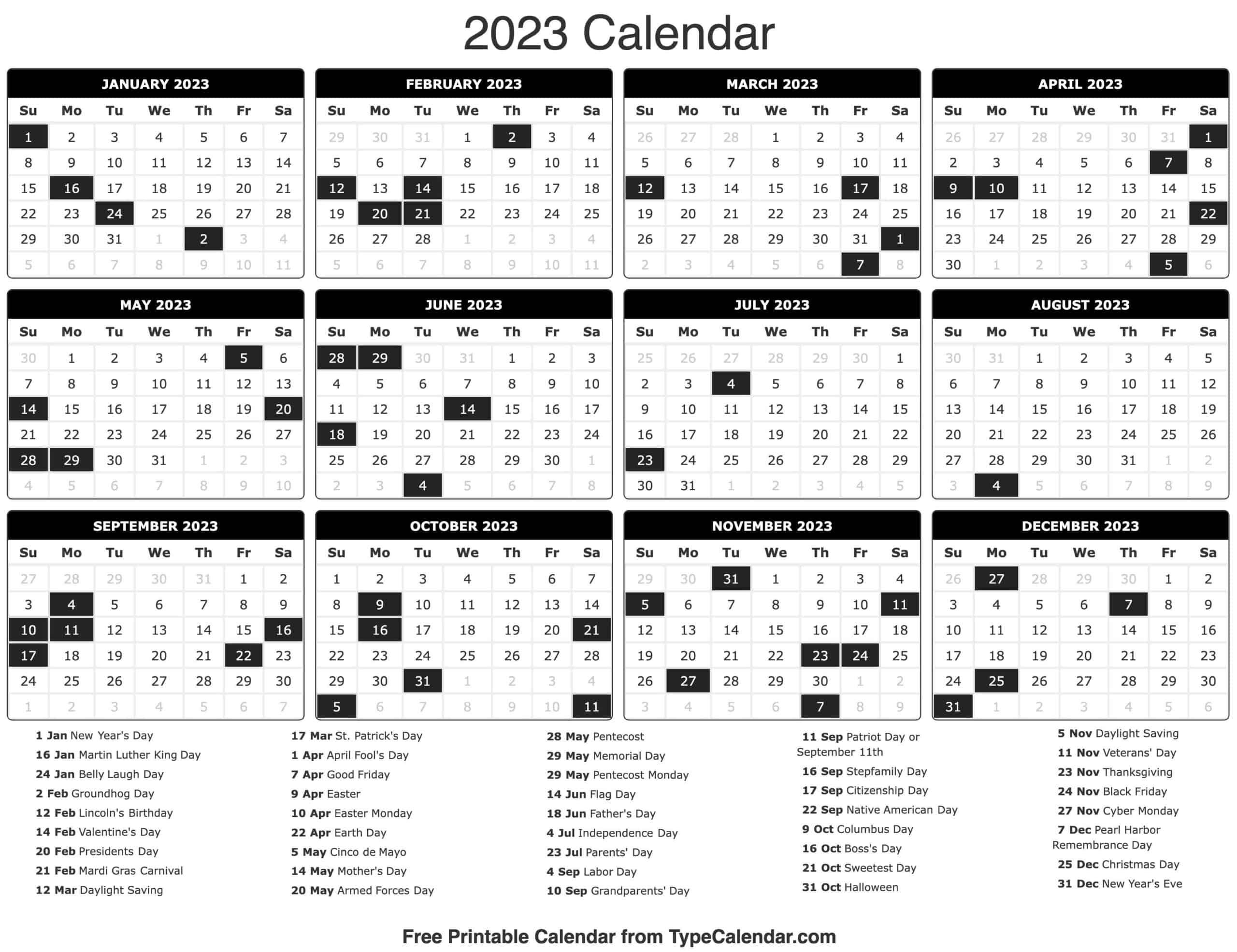 Avatar: Calendar 2023 with Holidays